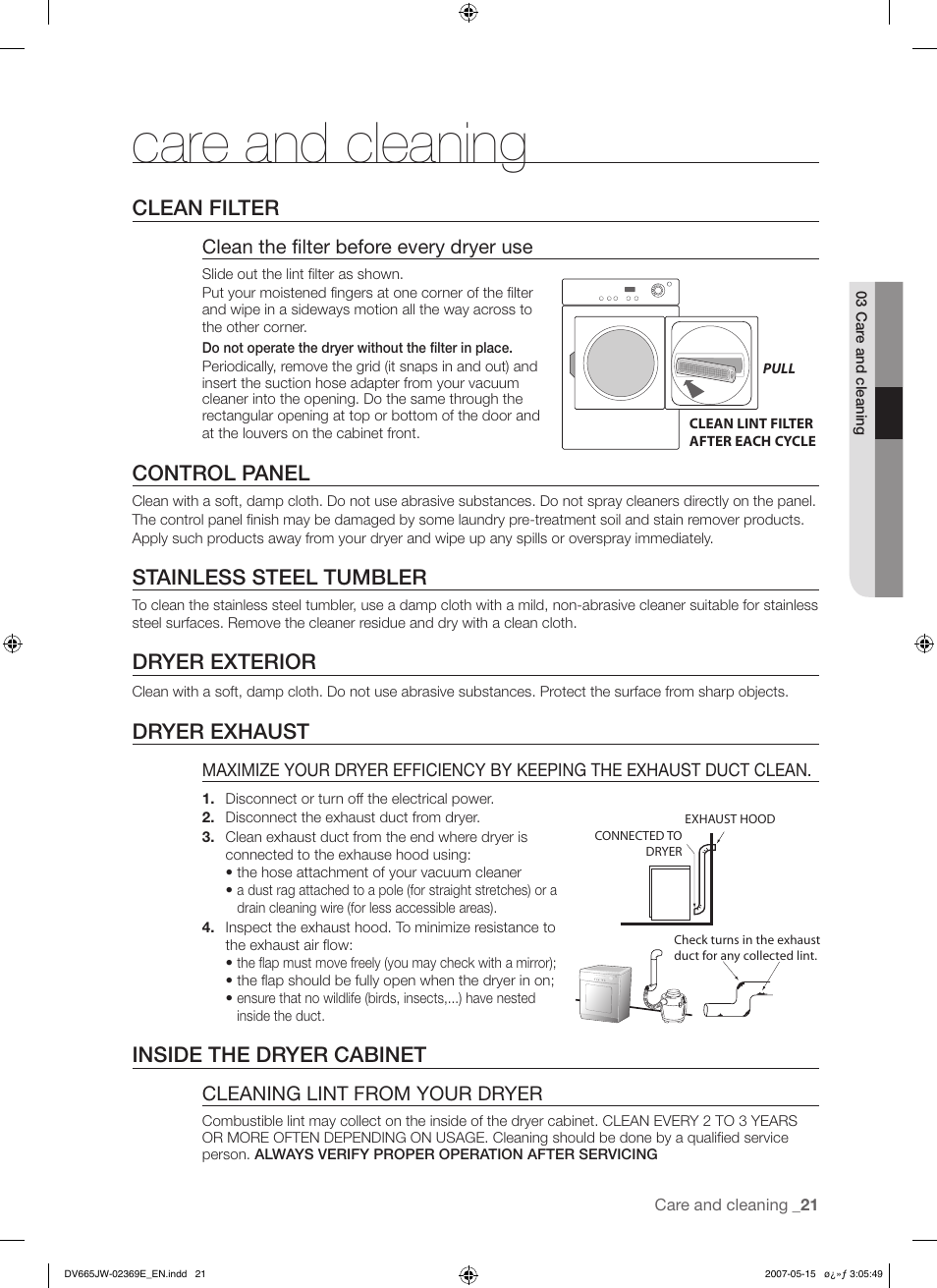 Care and cleaning, Clean filter, Control panel | Stainless steel tumbler, Dryer exterior, Dryer exhaust, Inside the dryer cabinet | Samsung DV665J User Manual | Page 21 / 60