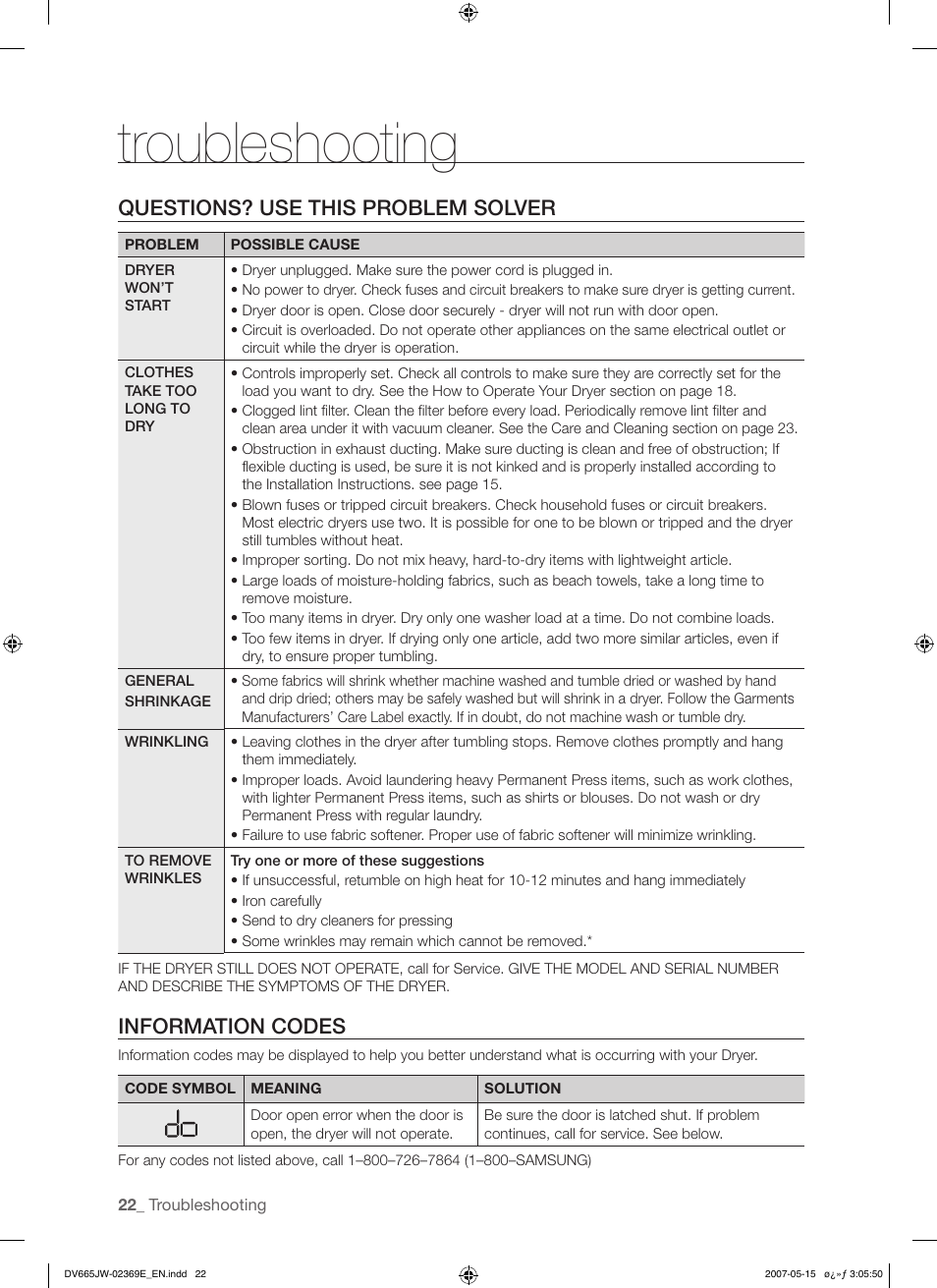 Troubleshooting, Questions? use this problem solver, Information codes | Samsung DV665J User Manual | Page 22 / 60