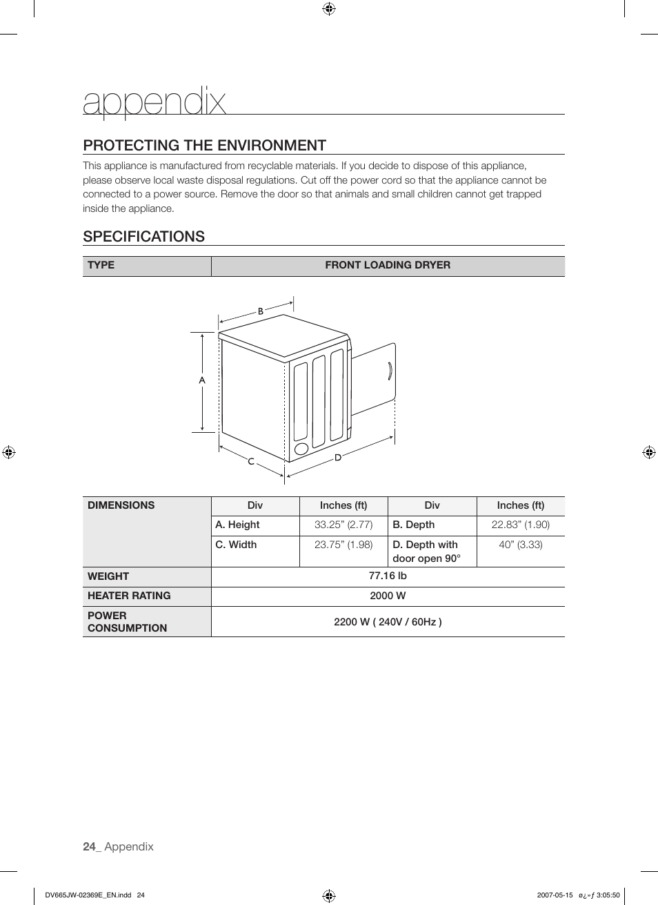 Appendix, Protecting the environment, Specifications | Samsung DV665J User Manual | Page 24 / 60