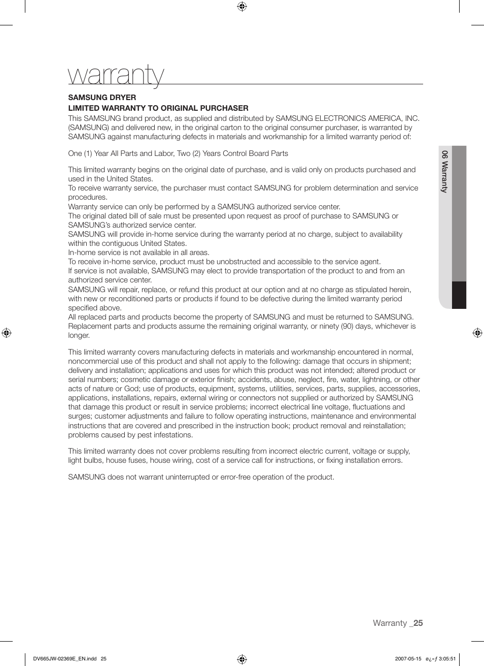 Warranty | Samsung DV665J User Manual | Page 25 / 60