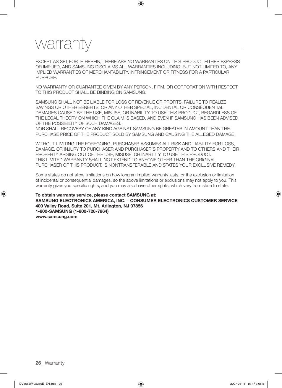 Warranty | Samsung DV665J User Manual | Page 26 / 60