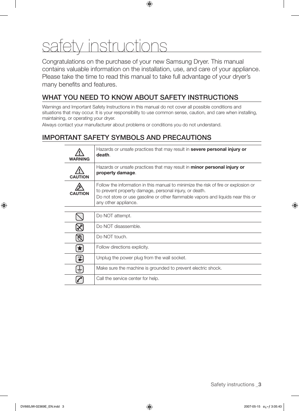Safety instructions, What you need to know about safety instructions, Important safety symbols and precautions | Samsung DV665J User Manual | Page 3 / 60