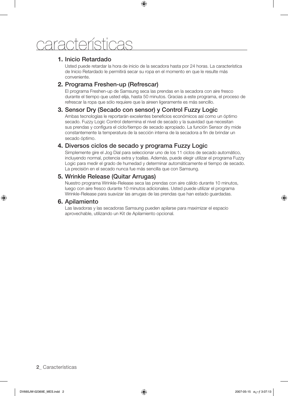 Características | Samsung DV665J User Manual | Page 30 / 60