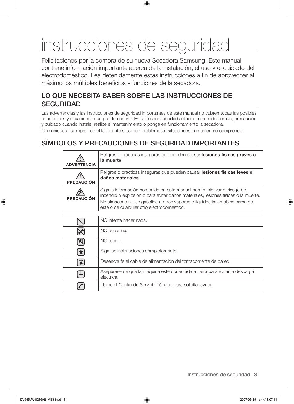 Instrucciones de seguridad, Símbolos y precauciones de seguridad importantes | Samsung DV665J User Manual | Page 31 / 60