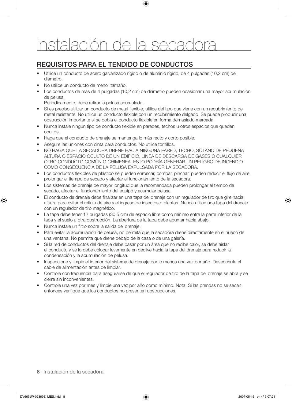 Instalación de la secadora, Requisitos para el tendido de conductos | Samsung DV665J User Manual | Page 36 / 60