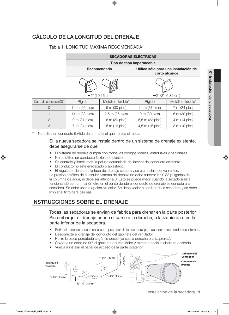 Cálculo de la longitud del drenaje, Instrucciones sobre el drenaje, Tabla 1: longitud máxima recomendada | Samsung DV665J User Manual | Page 37 / 60