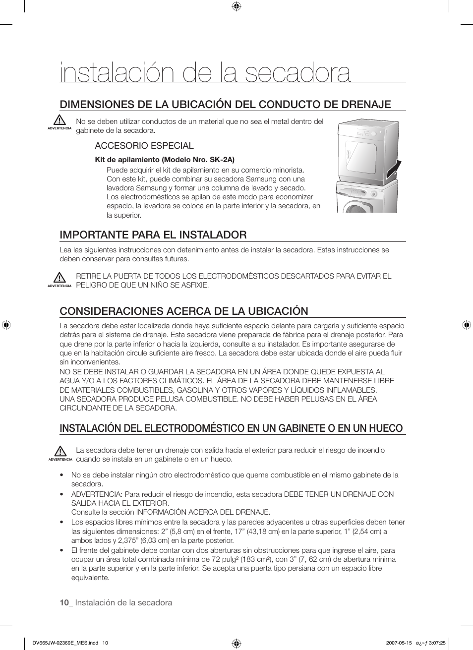 Instalación de la secadora, Importante para el instalador, Consideraciones acerca de la ubicación | Samsung DV665J User Manual | Page 38 / 60