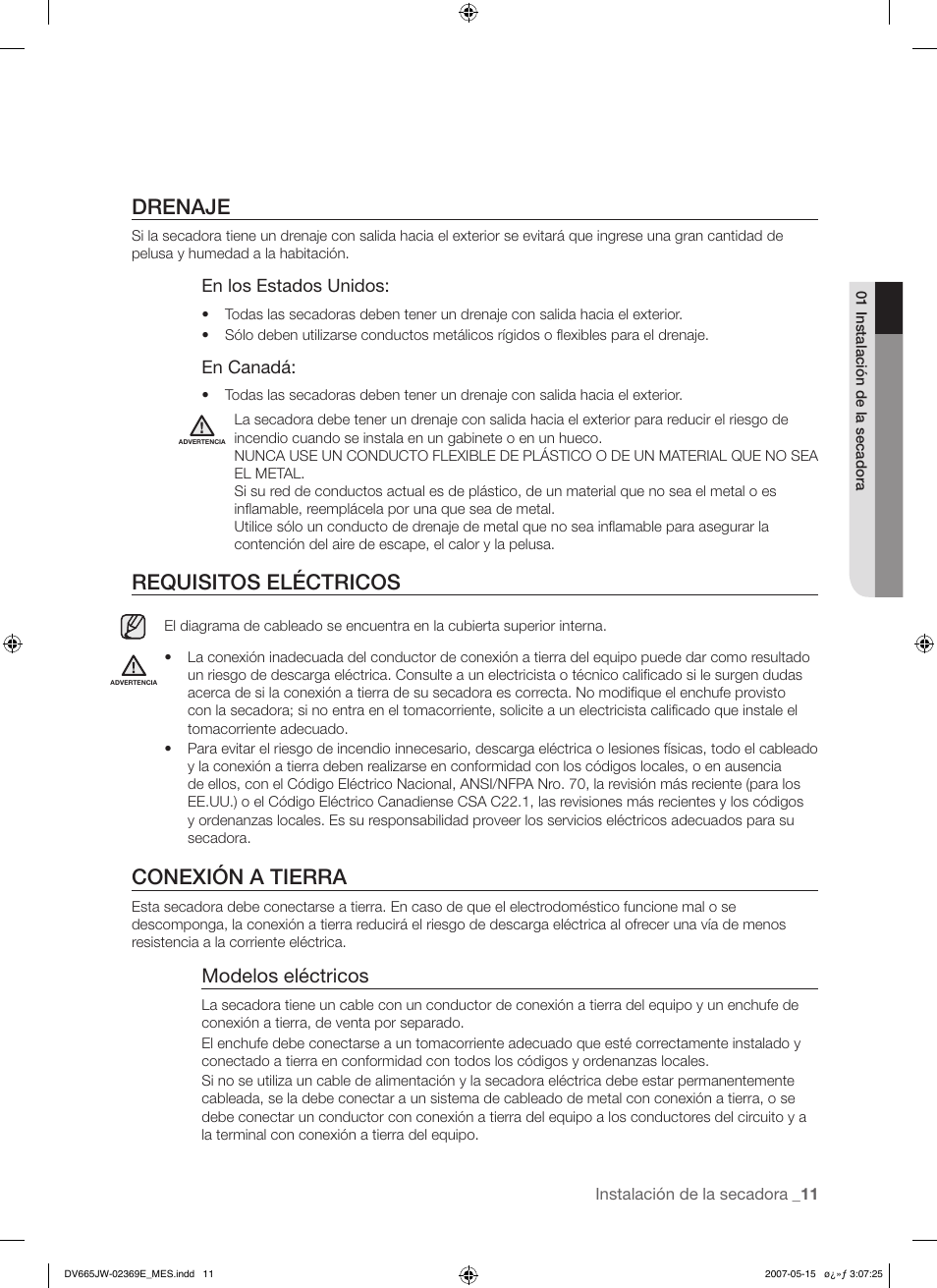 Drenaje, Requisitos eléctricos, Conexión a tierra | Modelos eléctricos | Samsung DV665J User Manual | Page 39 / 60