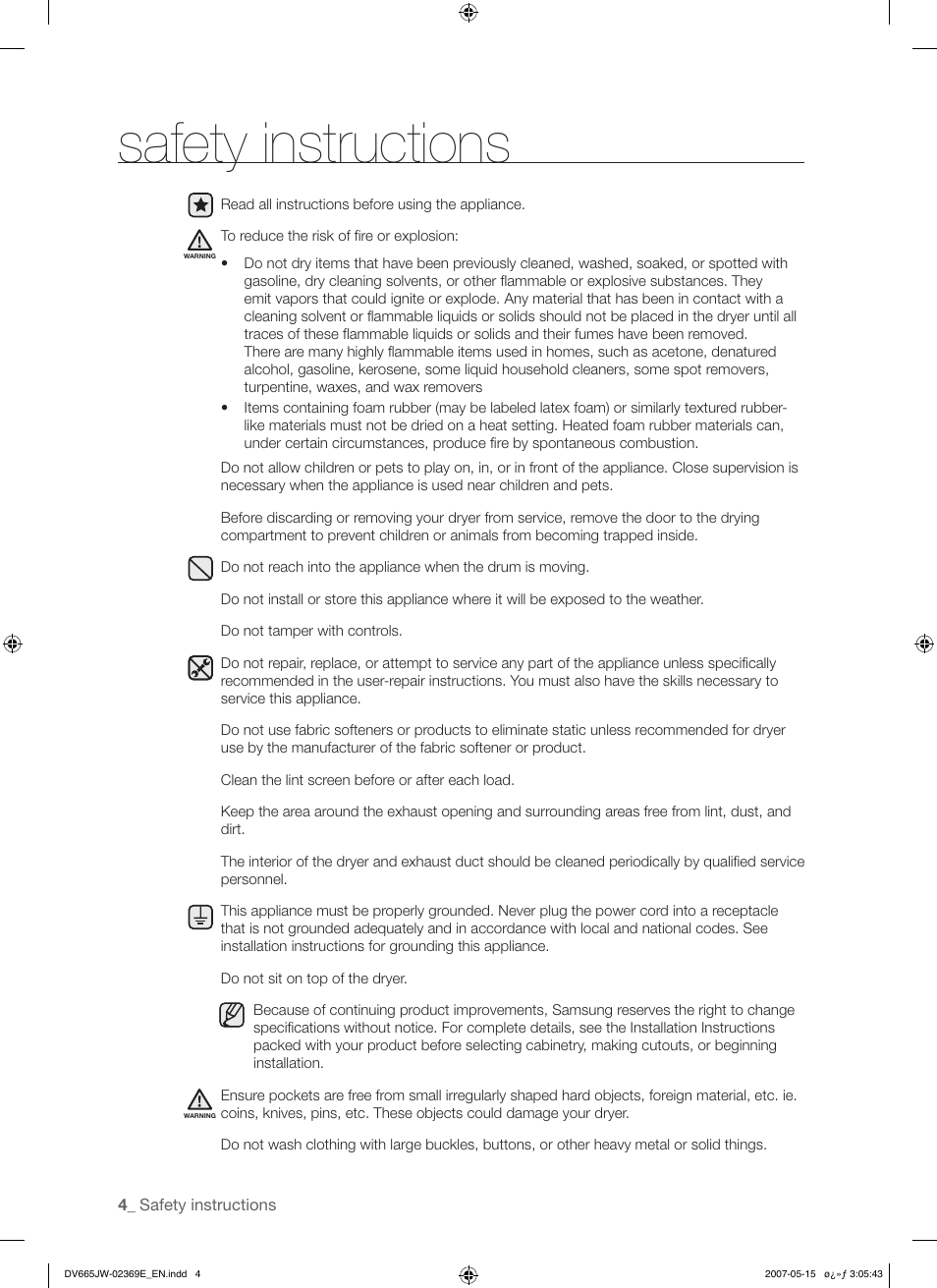 Safety instructions | Samsung DV665J User Manual | Page 4 / 60