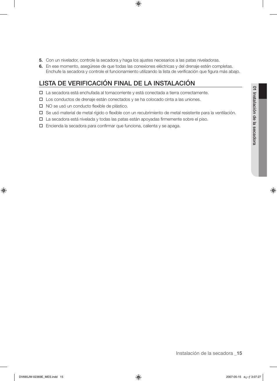 Lista de verificación final de la instalación | Samsung DV665J User Manual | Page 43 / 60