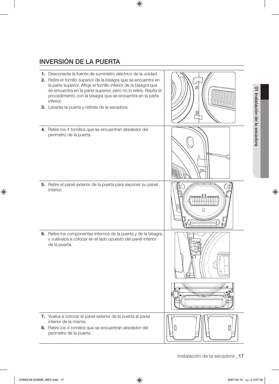 Inversión de la puerta | Samsung DV665J User Manual | Page 45 / 60