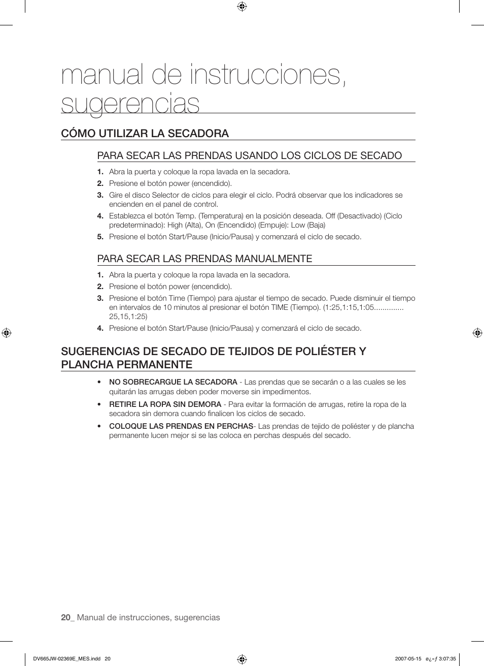 Manual de instrucciones, sugerencias | Samsung DV665J User Manual | Page 48 / 60