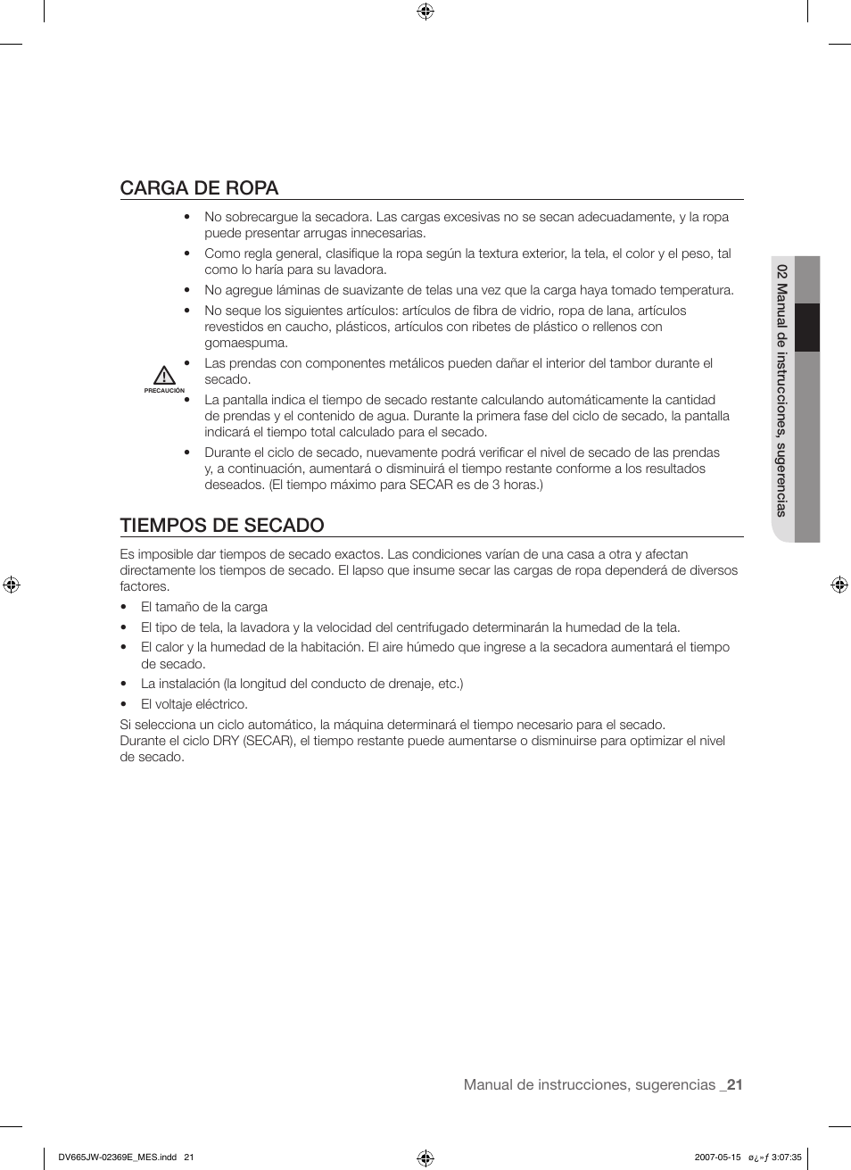 Carga de ropa, Tiempos de secado | Samsung DV665J User Manual | Page 49 / 60