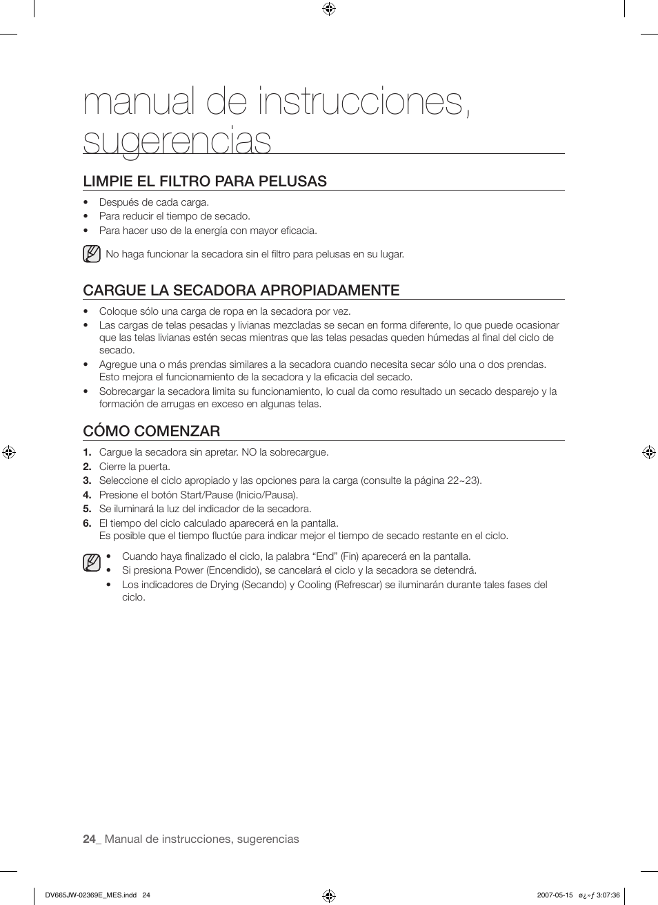 Manual de instrucciones, sugerencias | Samsung DV665J User Manual | Page 52 / 60