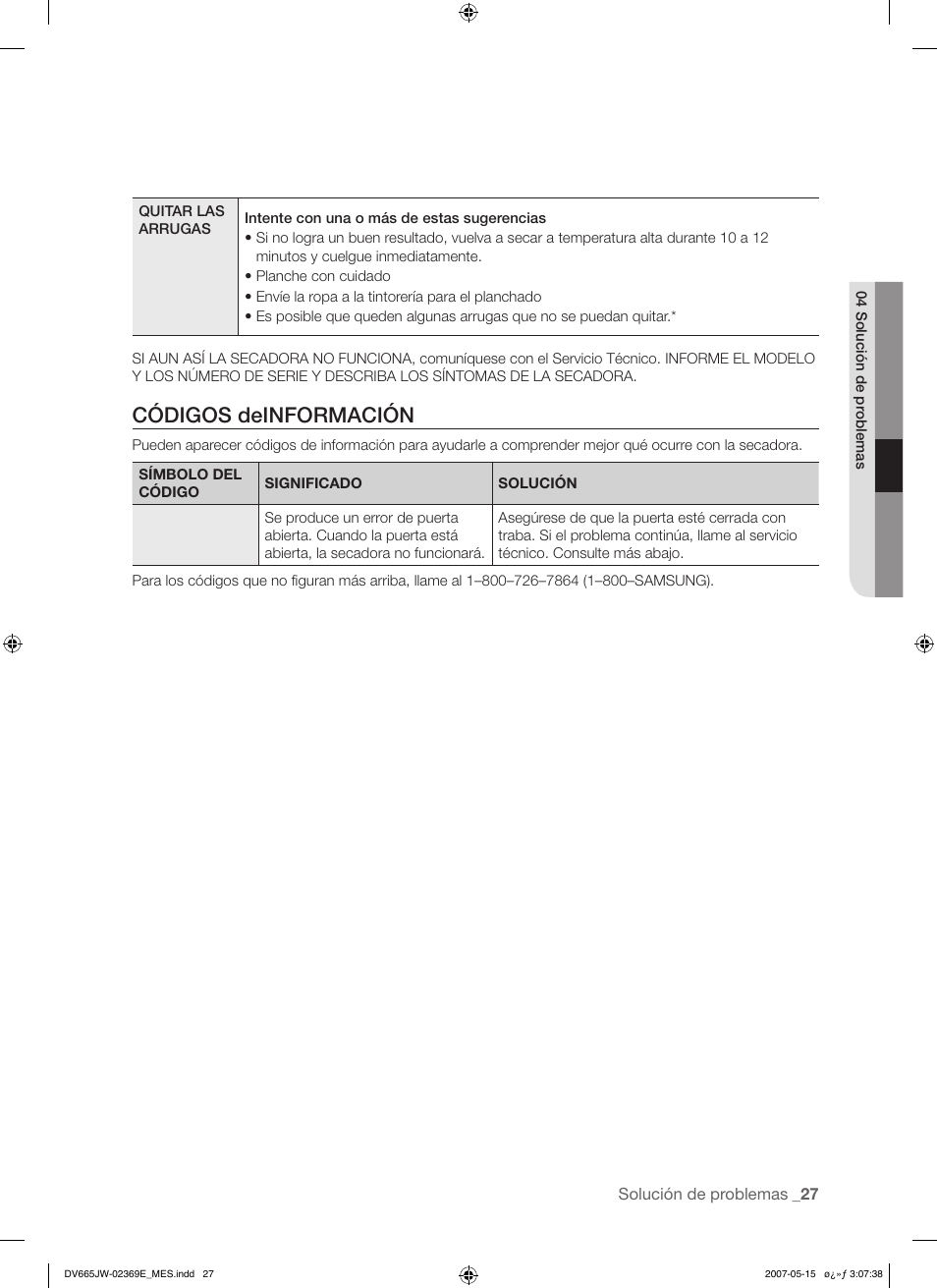 Códigos deinformación | Samsung DV665J User Manual | Page 55 / 60