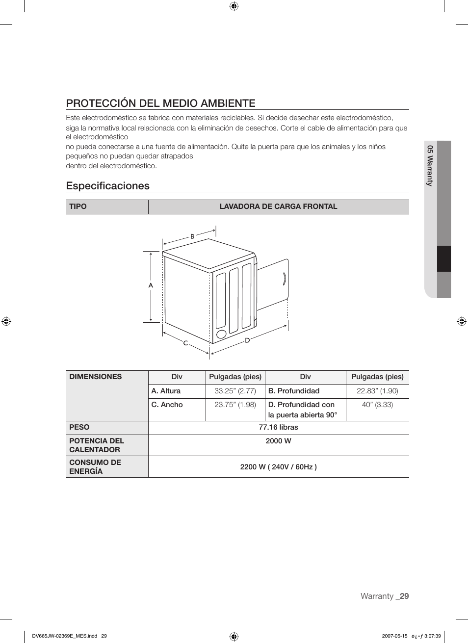 Protección del medio ambiente, Especificaciones | Samsung DV665J User Manual | Page 57 / 60