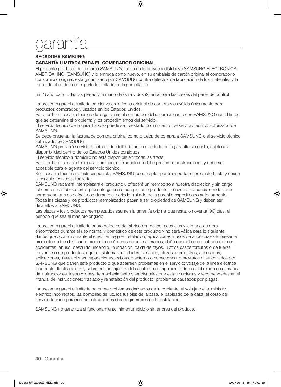 Garantía | Samsung DV665J User Manual | Page 58 / 60