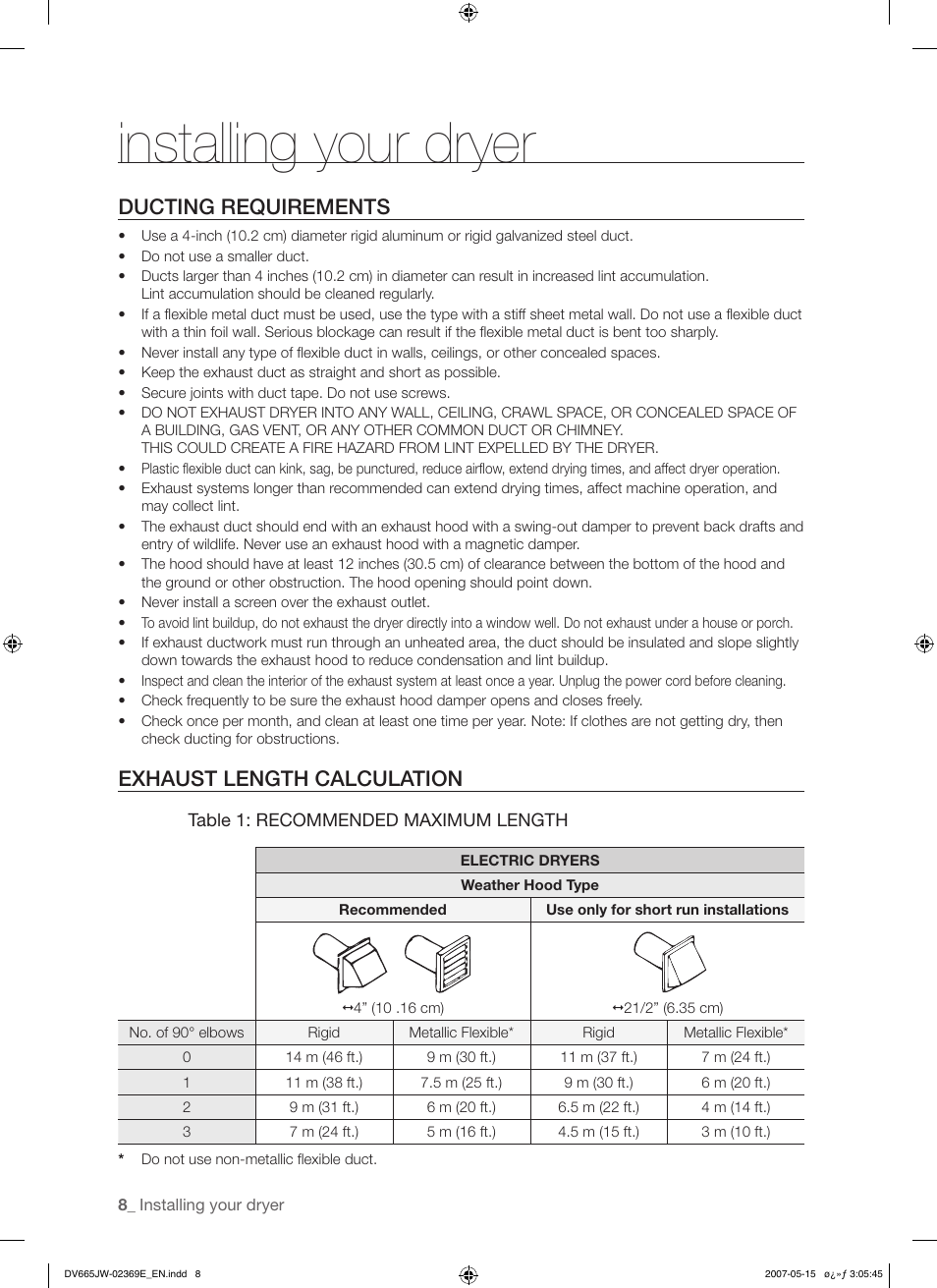 Installing your dryer, Ducting requirements, Exhaust length calculation | Samsung DV665J User Manual | Page 8 / 60