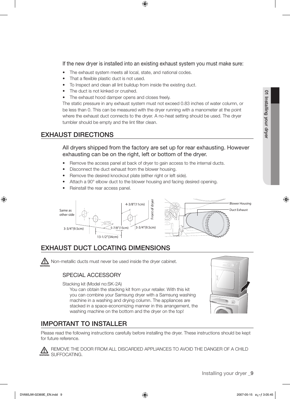 Exhaust directions, Exhaust duct locating dimensions, Important to installer | Special accessory | Samsung DV665J User Manual | Page 9 / 60