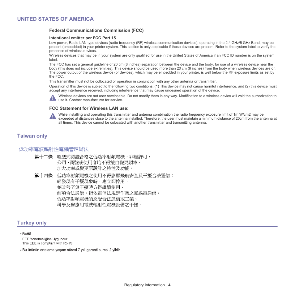 United states of america, Taiwan only turkey only | Samsung CLX-6220 User Manual | Page 10 / 155