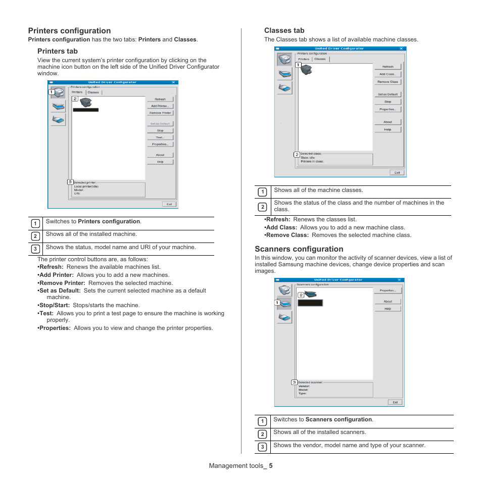 Printers configuration, Scanners configuration, Printers tab | Classes tab | Samsung CLX-6220 User Manual | Page 100 / 155