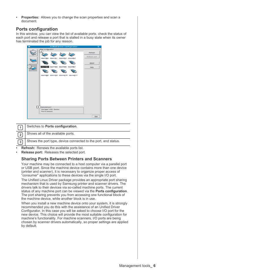 Ports configuration, Sharing ports between printers and scanners | Samsung CLX-6220 User Manual | Page 101 / 155