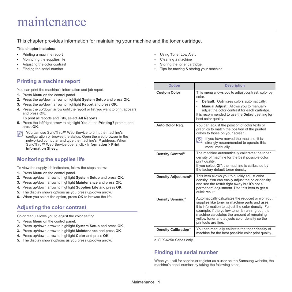 Maintenance, Printing a machine report, Monitoring the supplies life | Adjusting the color contrast, Finding the serial number, Printing a machine report" on | Samsung CLX-6220 User Manual | Page 102 / 155