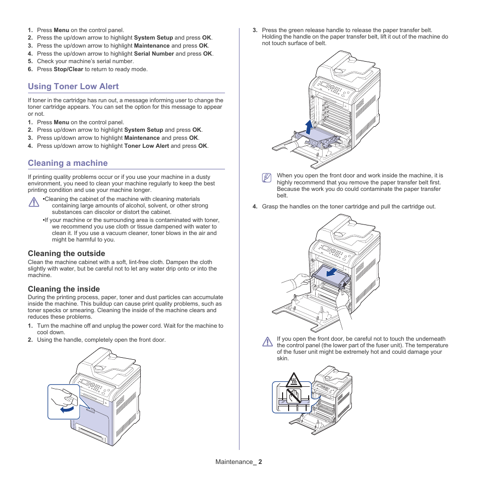 Using toner low alert, Cleaning a machine, Cleaning the outside | Cleaning the inside | Samsung CLX-6220 User Manual | Page 103 / 155