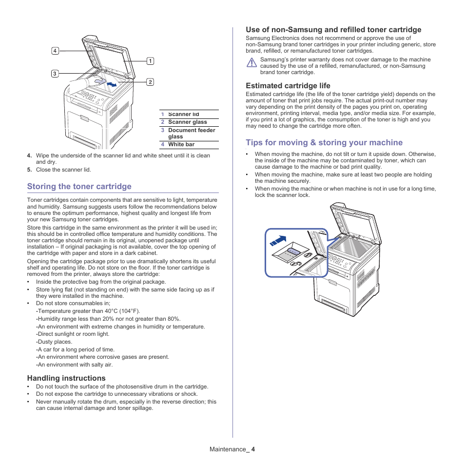 Storing the toner cartridge, Tips for moving & storing your machine, Handling instructions | Use of non-samsung and refilled toner cartridge, Estimated cartridge life | Samsung CLX-6220 User Manual | Page 105 / 155