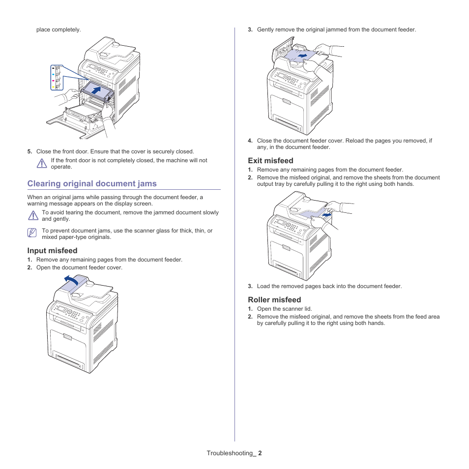 Clearing original document jams, Input misfeed, Exit misfeed | Roller misfeed | Samsung CLX-6220 User Manual | Page 107 / 155