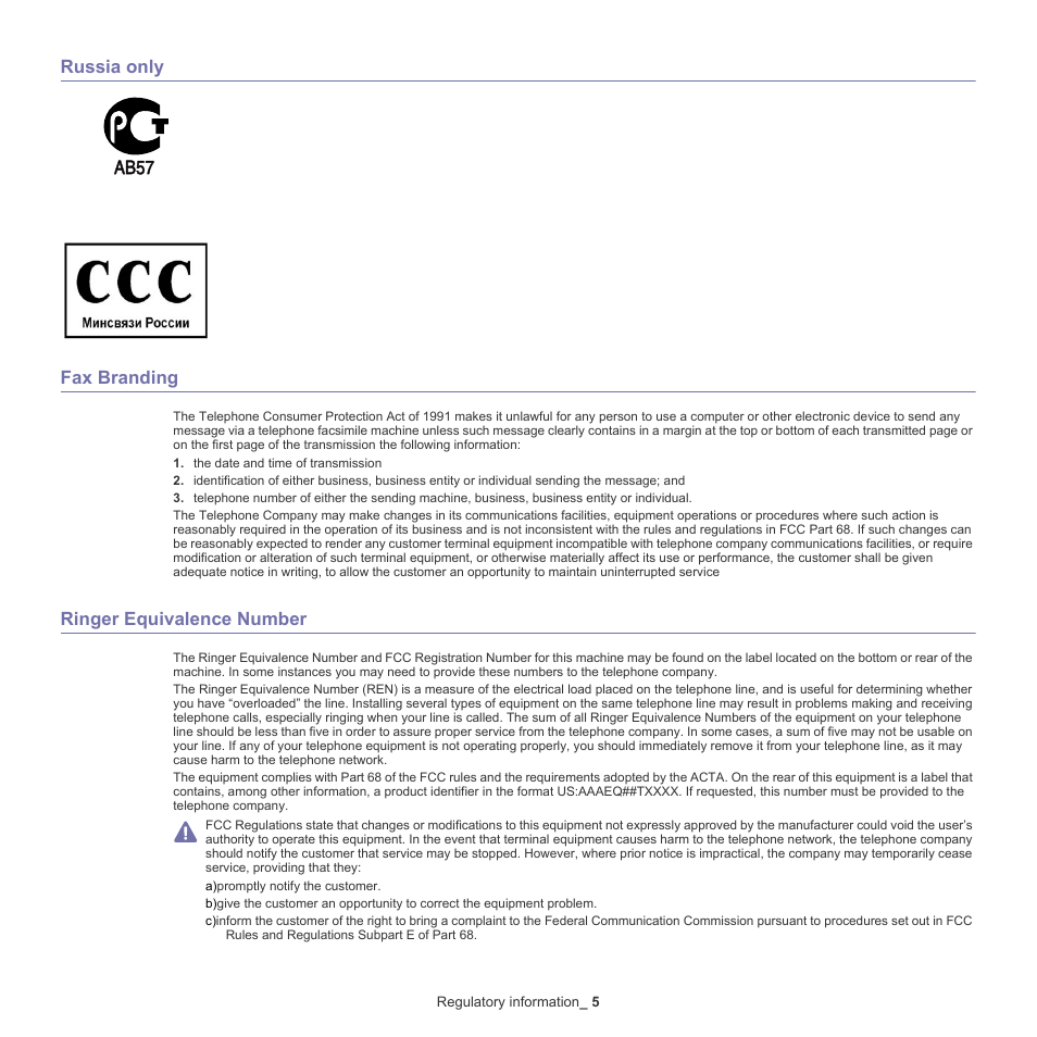 Russia only fax branding, Ringer equivalence number | Samsung CLX-6220 User Manual | Page 11 / 155