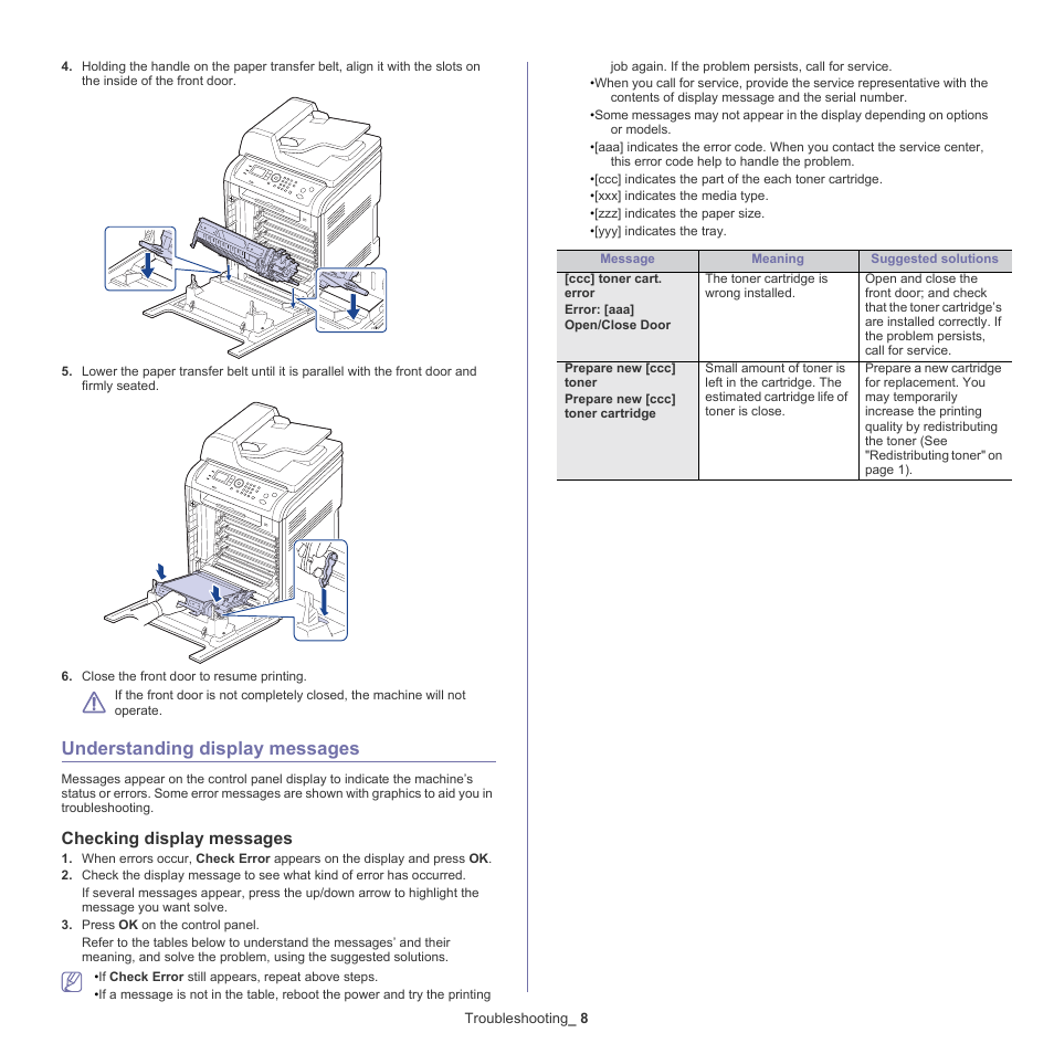 Understanding display messages, Understanding display messages" on, Understanding | Checking display messages | Samsung CLX-6220 User Manual | Page 113 / 155