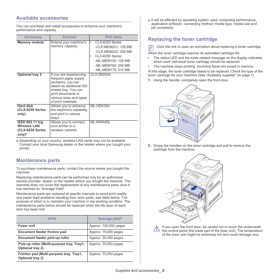 Available accessories, Maintenance parts, Replacing the toner cartridge | Replacing the, See "replacing, Replacing the toner, See "available, Accessories" on, Replacing the toner cartridge" on, See "replacing the toner cartridge | Samsung CLX-6220 User Manual | Page 129 / 155