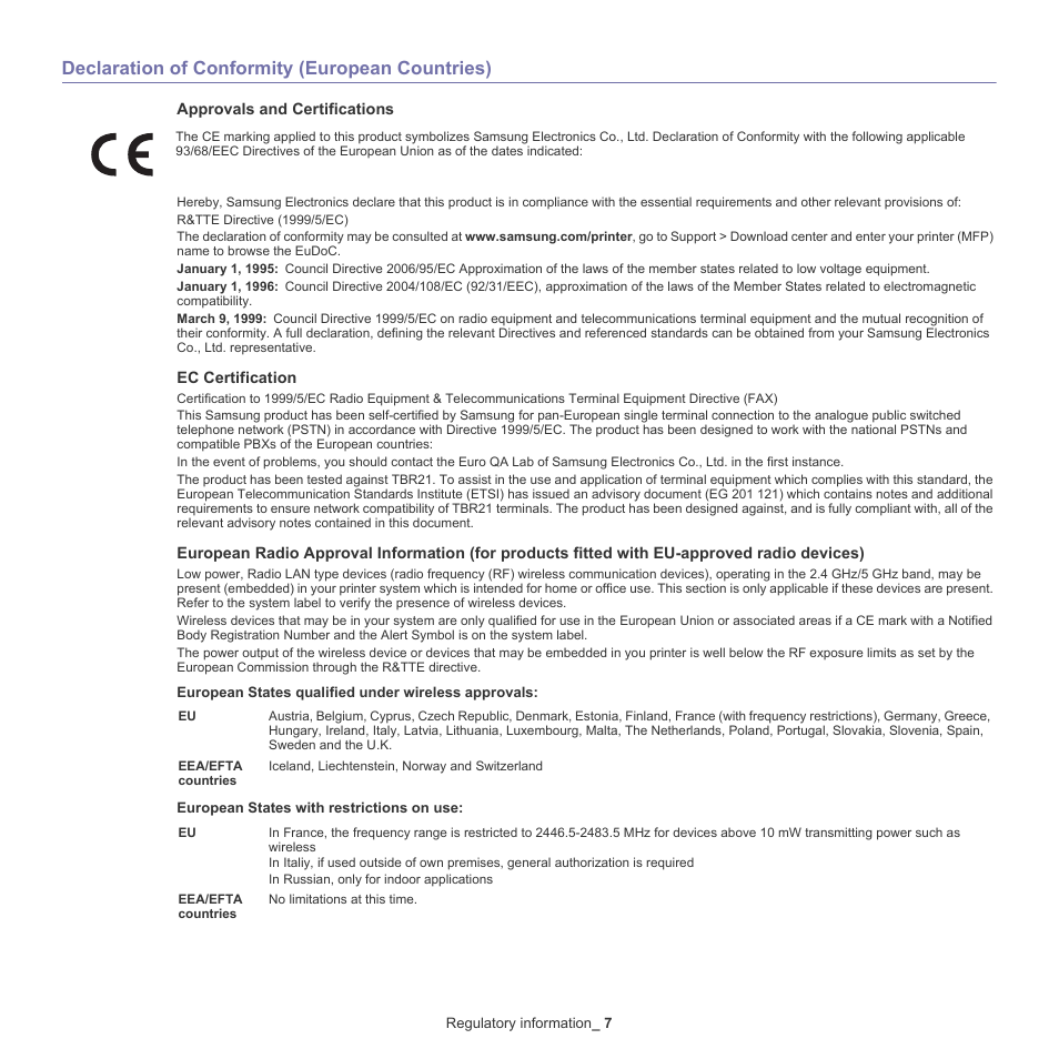 Declaration of conformity (european countries) | Samsung CLX-6220 User Manual | Page 13 / 155