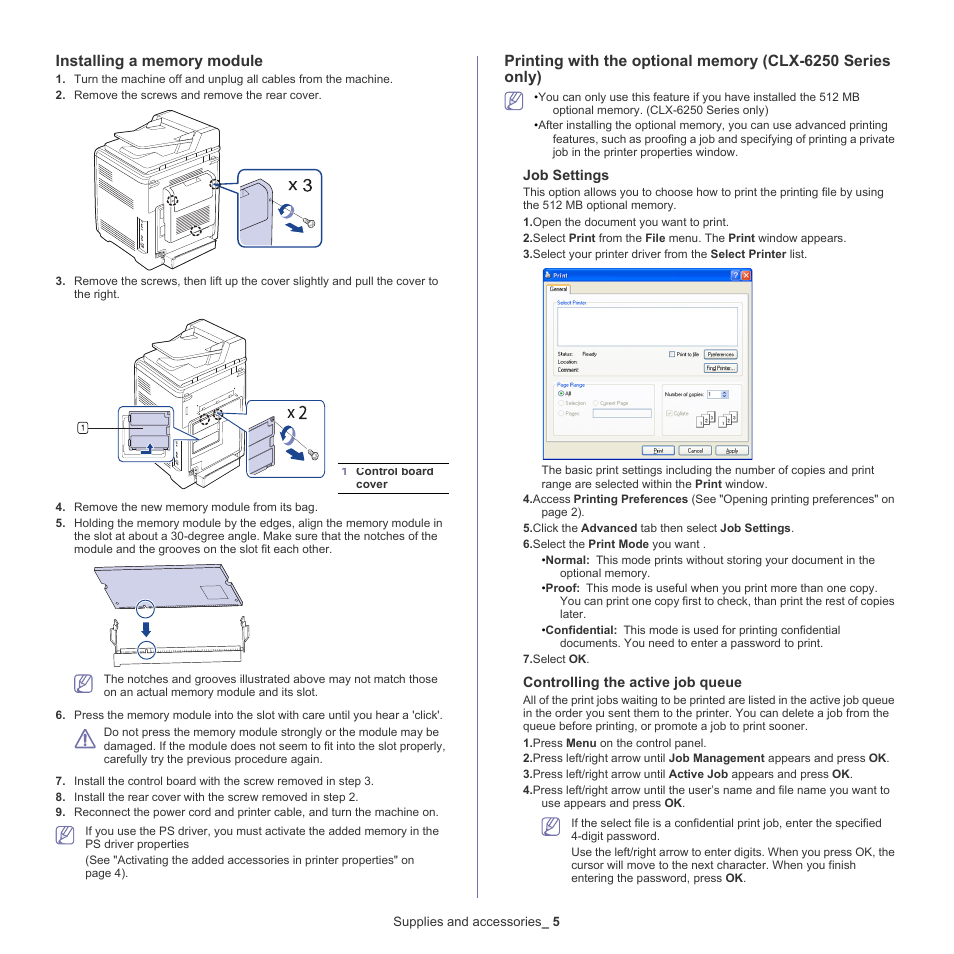 Printing with the, See "installing, A memory module" on | Samsung CLX-6220 User Manual | Page 132 / 155