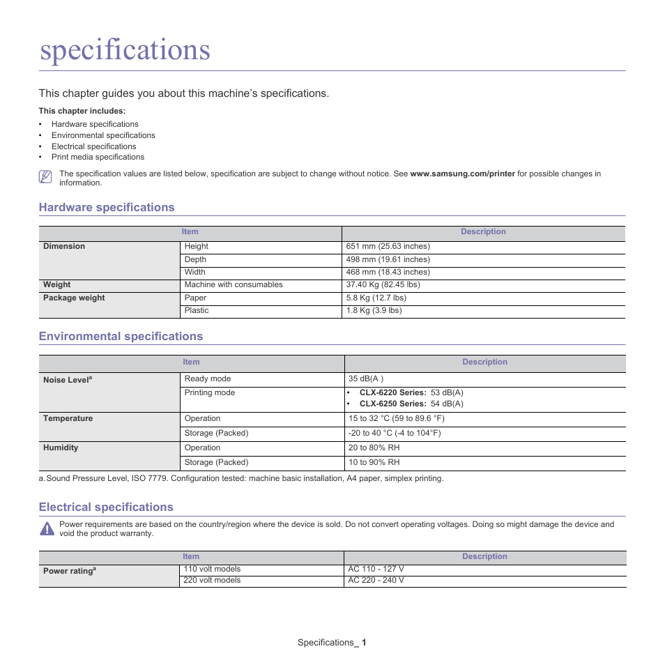 Specifications, Hardware specifications, Environmental specifications | Electrical specifications, Environmental, Specifications" on | Samsung CLX-6220 User Manual | Page 138 / 155