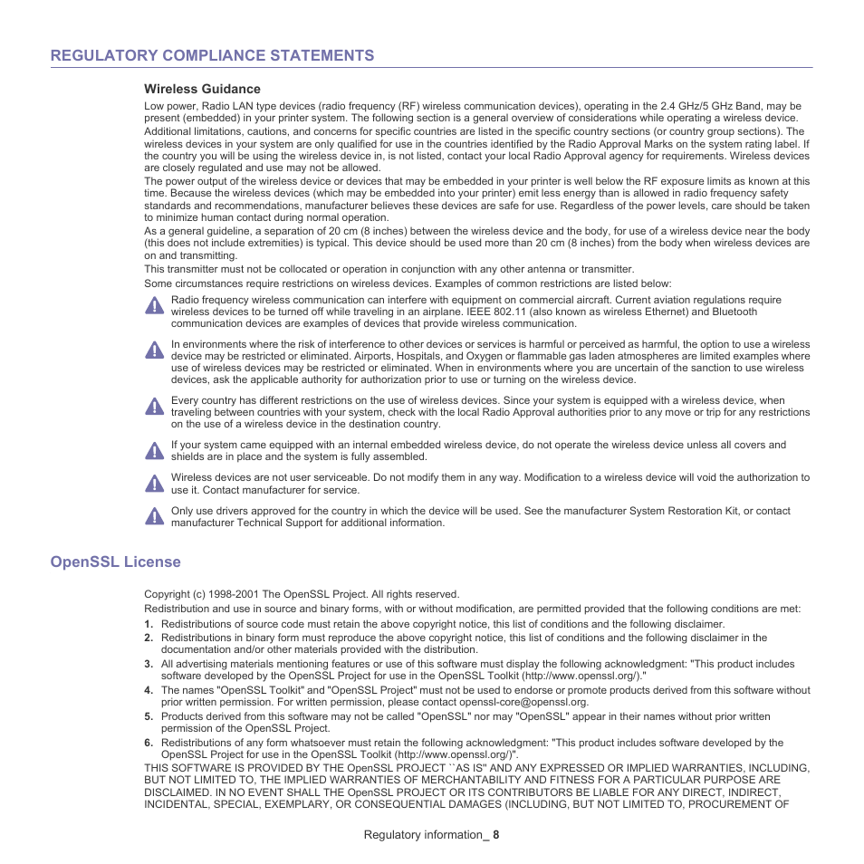 Regulatory compliance statements, Openssl license, Wireless guidance | Samsung CLX-6220 User Manual | Page 14 / 155