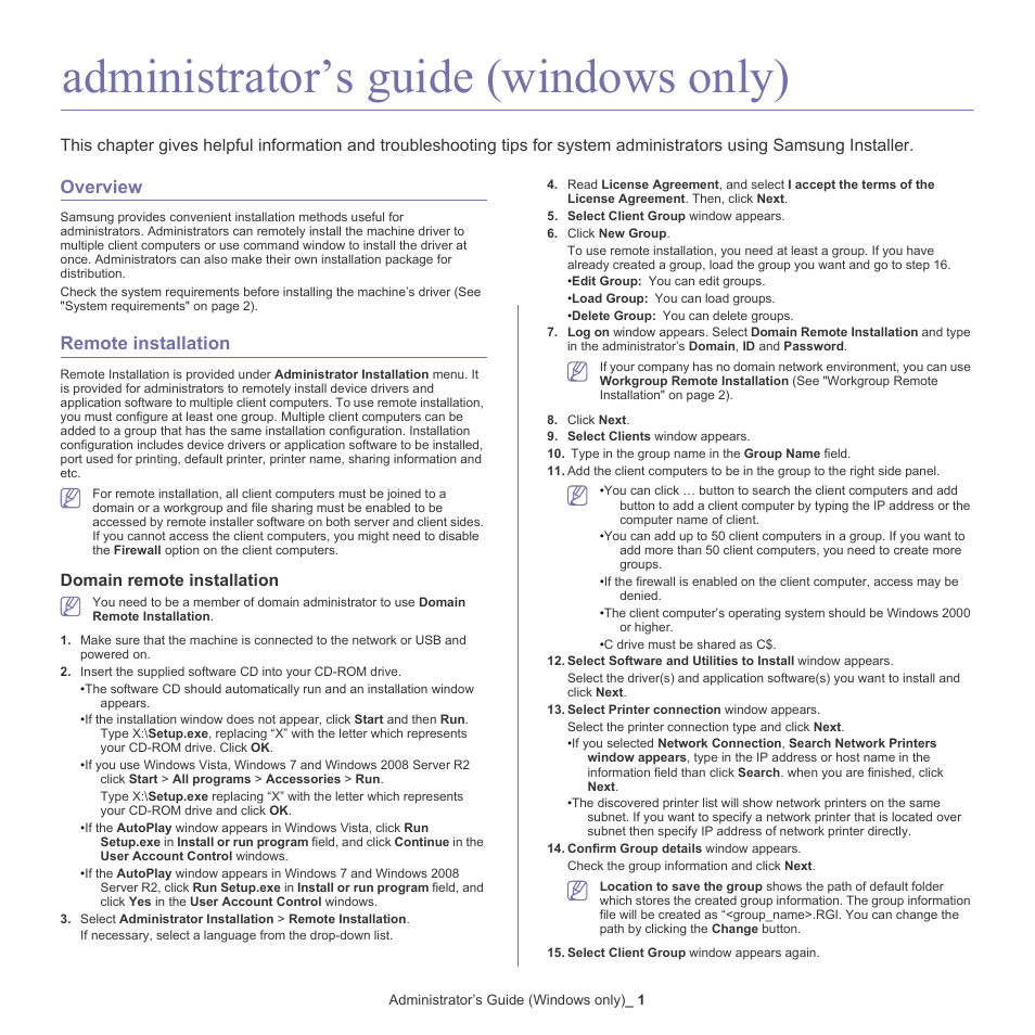 Administrator’s guide (windows only), Overview, Remote installation | Administrator’s guide, Domain remote installation | Samsung CLX-6220 User Manual | Page 142 / 155
