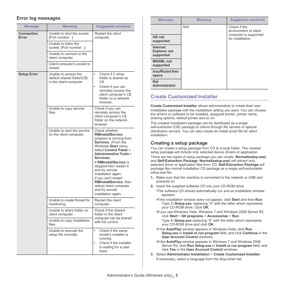 Create customized installer, Error log messages, Creating a setup package | Samsung CLX-6220 User Manual | Page 144 / 155