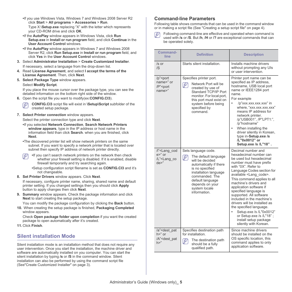 Silent installation mode, Command-line parameters | Samsung CLX-6220 User Manual | Page 146 / 155
