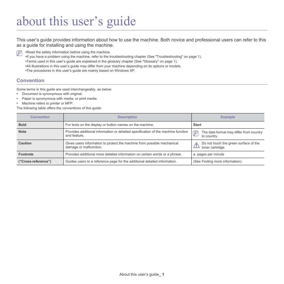 About this user’s guide, Convention | Samsung CLX-6220 User Manual | Page 17 / 155