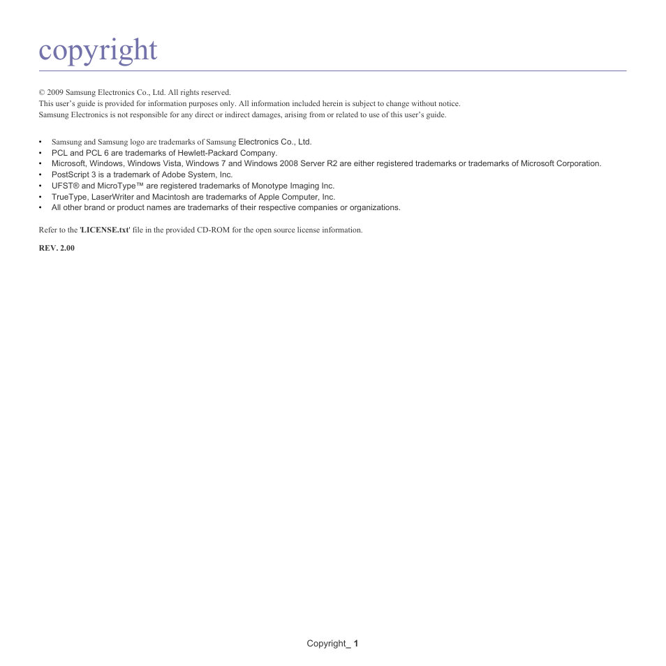 Copyright | Samsung CLX-6220 User Manual | Page 2 / 155
