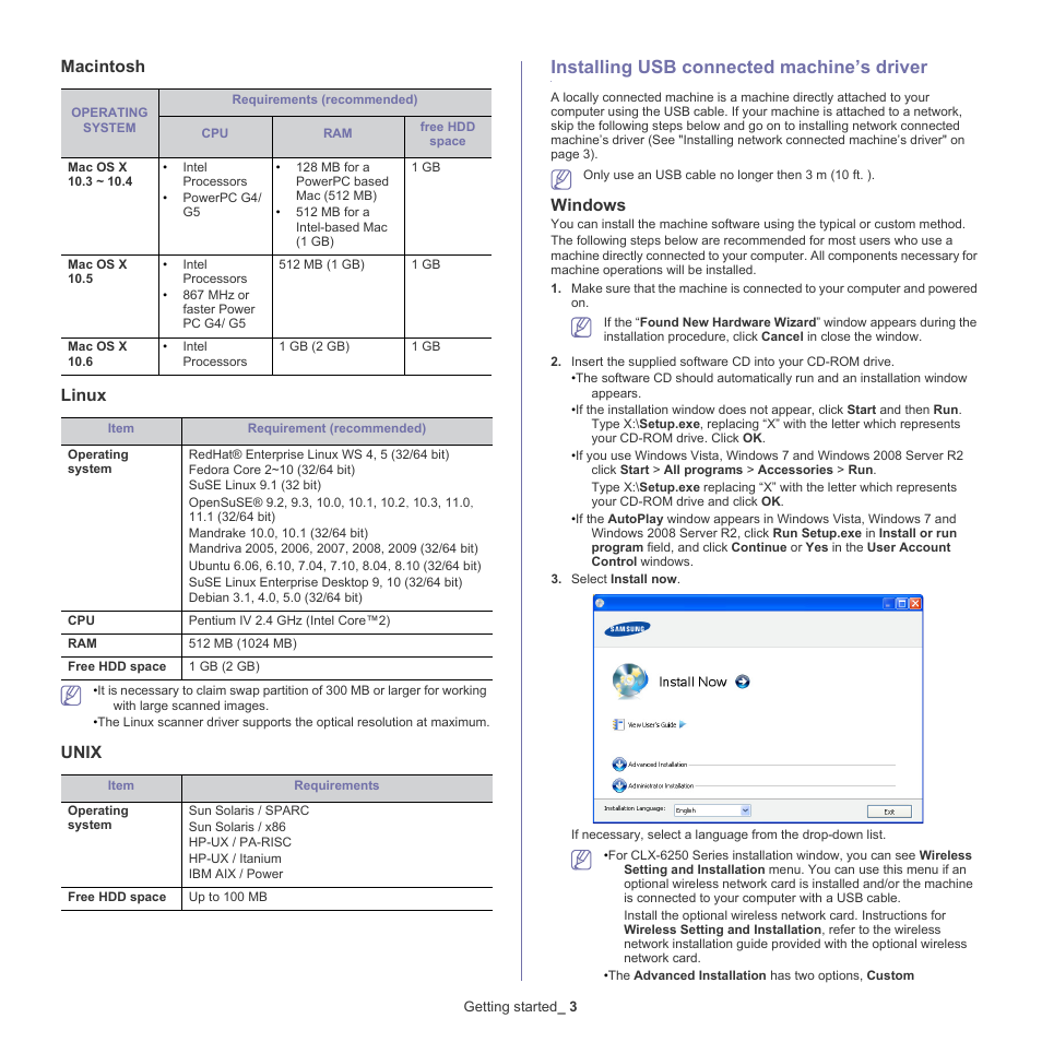 Installing usb connected machine’s driver, Macintosh, Linux | Unix, Windows | Samsung CLX-6220 User Manual | Page 28 / 155