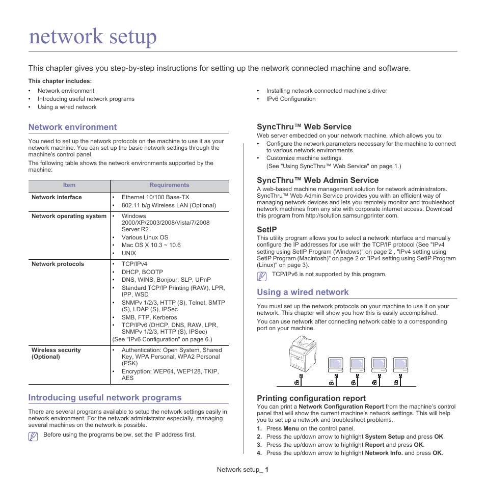 Network setup, Network environment, Introducing useful network programs | Using a wired network, Syncthru™ web service, Syncthru™ web admin service, Setip, Printing configuration report | Samsung CLX-6220 User Manual | Page 32 / 155
