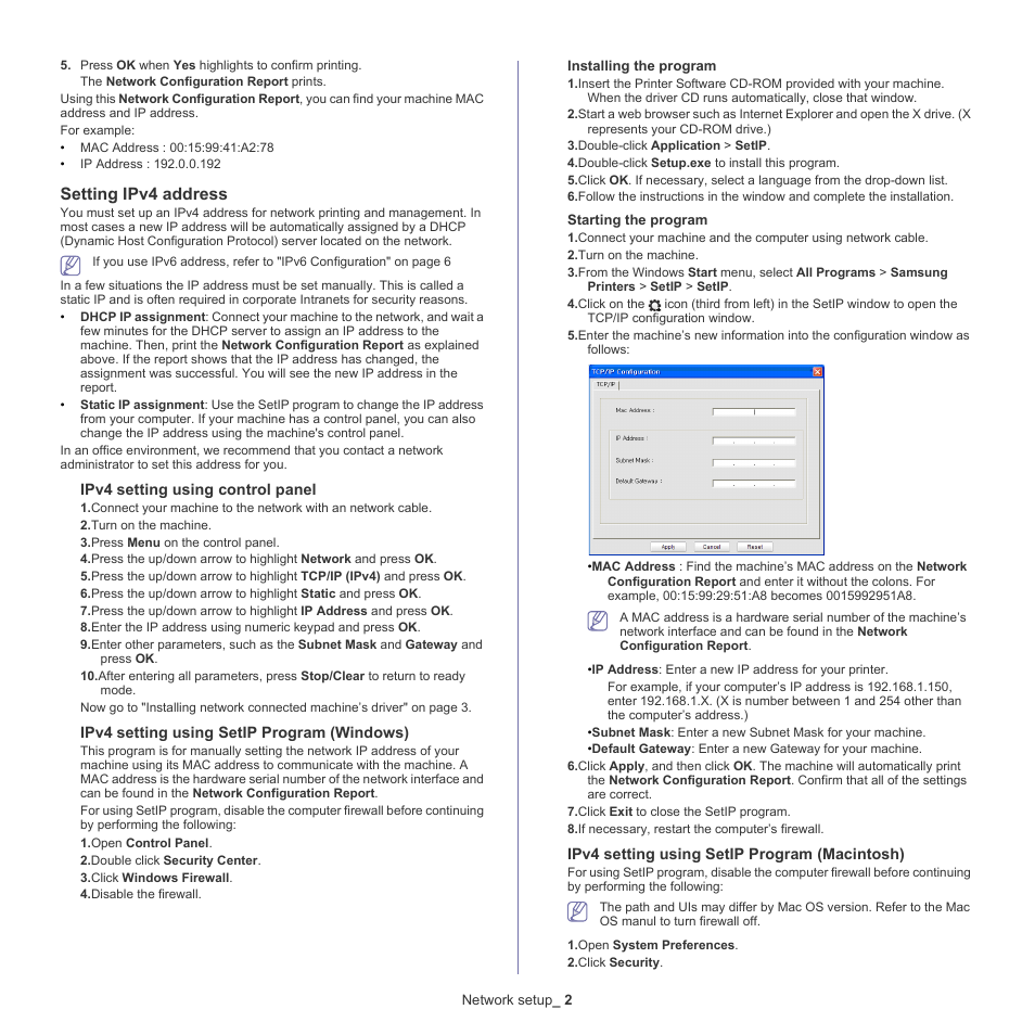 P/ip protocol (see "ipv4, Setting ipv4 address | Samsung CLX-6220 User Manual | Page 33 / 155