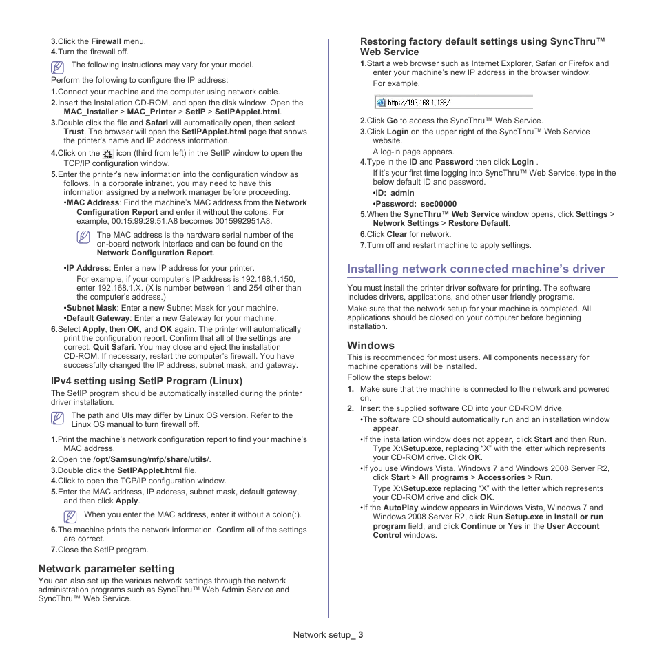 Installing network connected machine’s driver, Installing network connected machine’s driver" on, Ipv4 setting using setip program | Network parameter setting, Windows | Samsung CLX-6220 User Manual | Page 34 / 155
