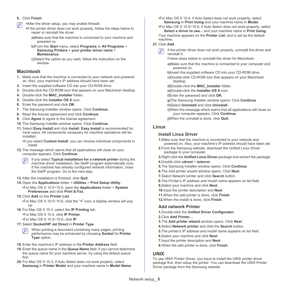 Macintosh" on, Macintosh, Linux | Unix | Samsung CLX-6220 User Manual | Page 36 / 155