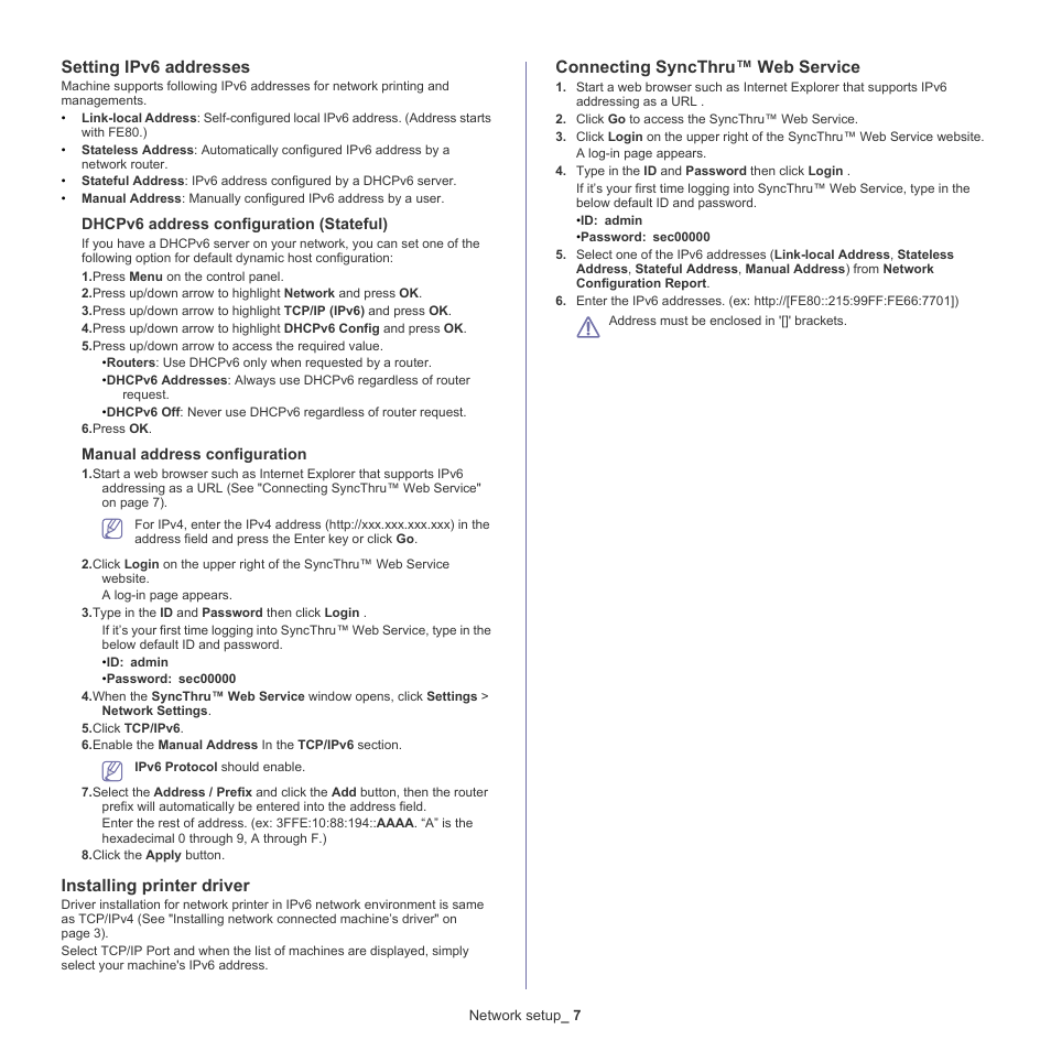 Setting ipv6 addresses, Installing printer driver, Connecting syncthru™ web service | Samsung CLX-6220 User Manual | Page 38 / 155