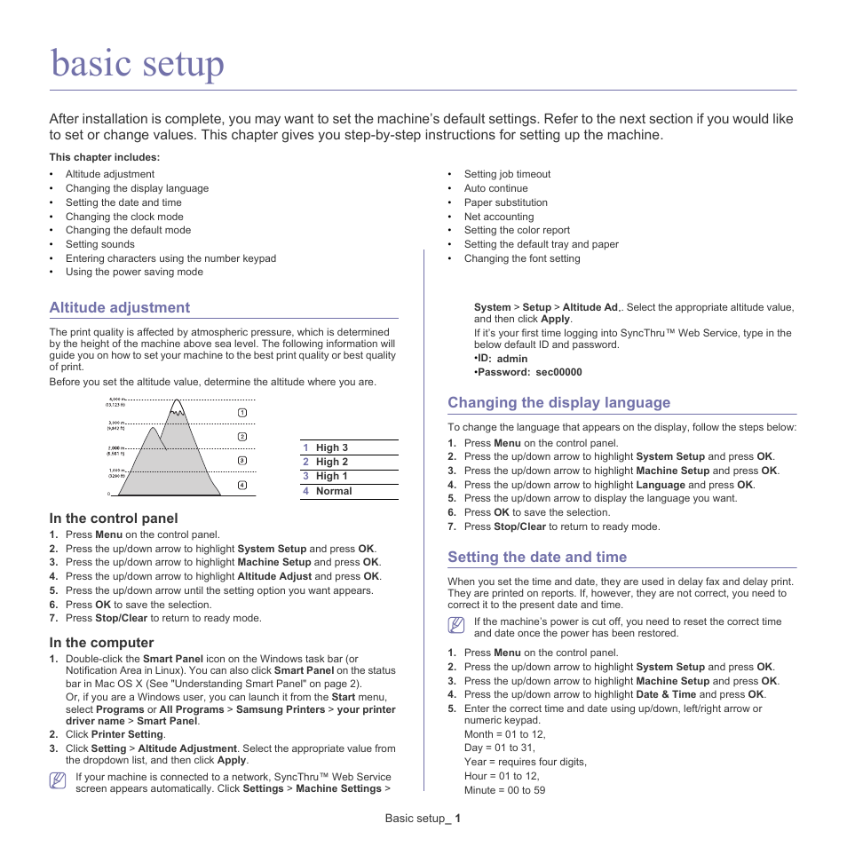Basic setup, Altitude adjustment, Changing the display language | Setting the date and time, Altitude adjustment" on | Samsung CLX-6220 User Manual | Page 39 / 155