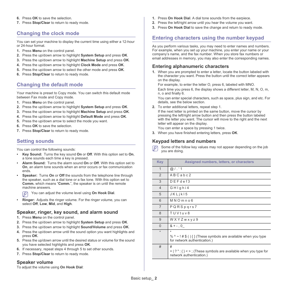 Changing the clock mode, Changing the default mode, Setting sounds | Entering characters using the number keypad, Speaker, ringer, key sound, and alarm sound, Speaker volume, Entering alphanumeric characters, Keypad letters and numbers | Samsung CLX-6220 User Manual | Page 40 / 155